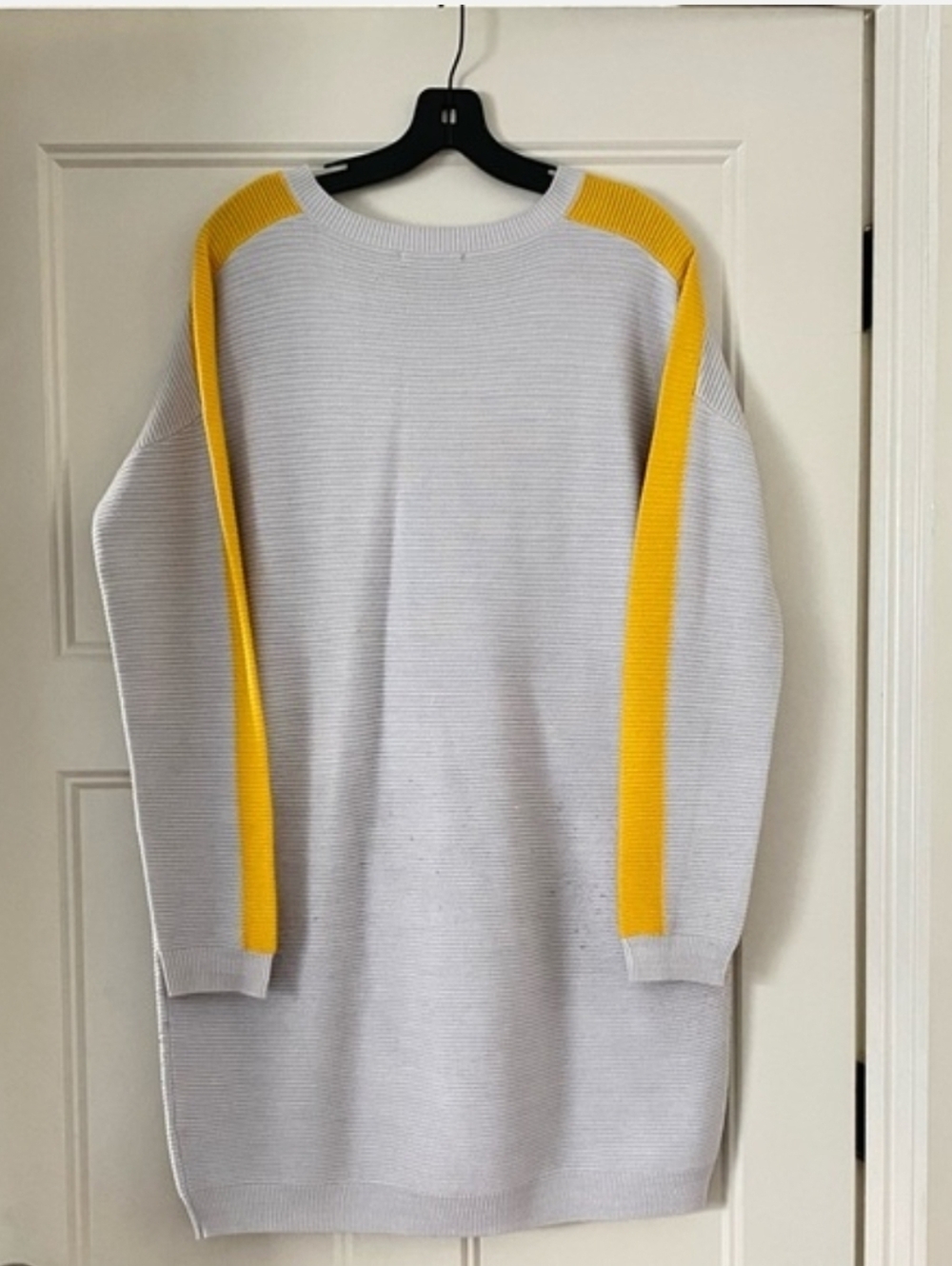 V-Neck Knit Sleeve Stripe Dress in White and Yellow - Picture 5 of 10